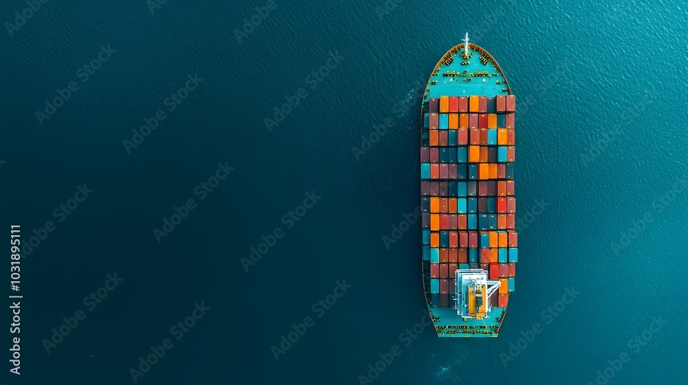 Poster empty container ship docked at the harbor being loaded and prepared for the next international freig