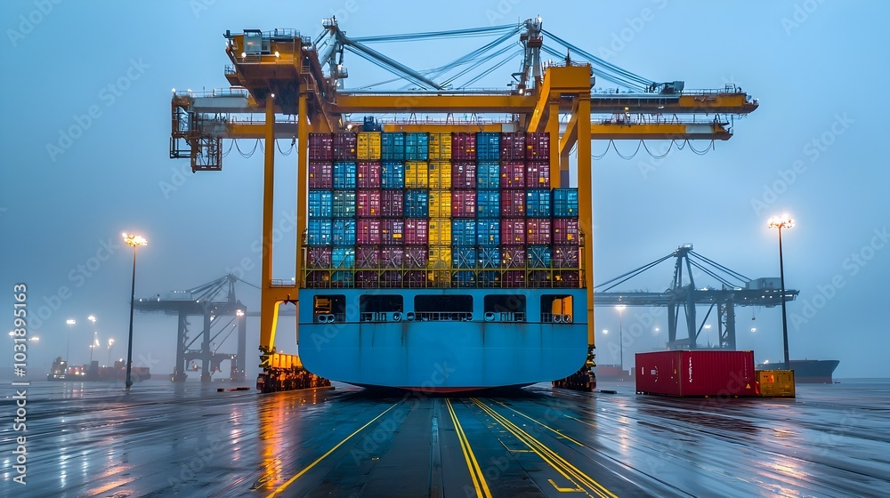 Aufkleber Empty Container Ship Docked and Ready to be Loaded with Cargo for the Next International Shipment and Global Trade Delivery