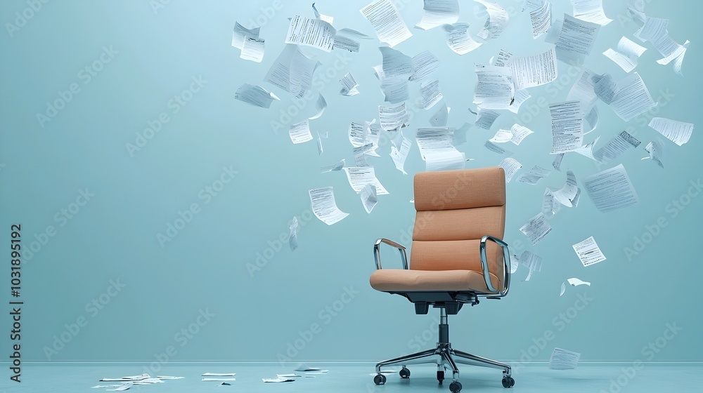 Poster Empty office chair surrounded by floating documents representing the concept of remote work and increased productivity in a digital paperless workspace
