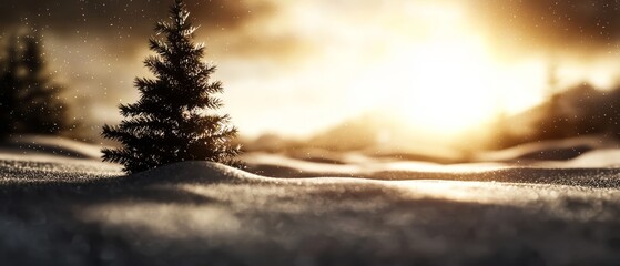  A solitary tree, its branches dusted with snow, stands in the foreground Behind it, the sun breaks through the clouds, casting a warm glow on the snow-covered landscape