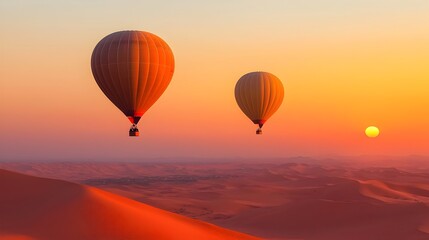 Fototapeta premium Enchanting aerial voyage of hot air balloons floating gracefully over a serene desert landscape bathed in the warm hues of the setting sun A captivating and tranquil scene of adventure and