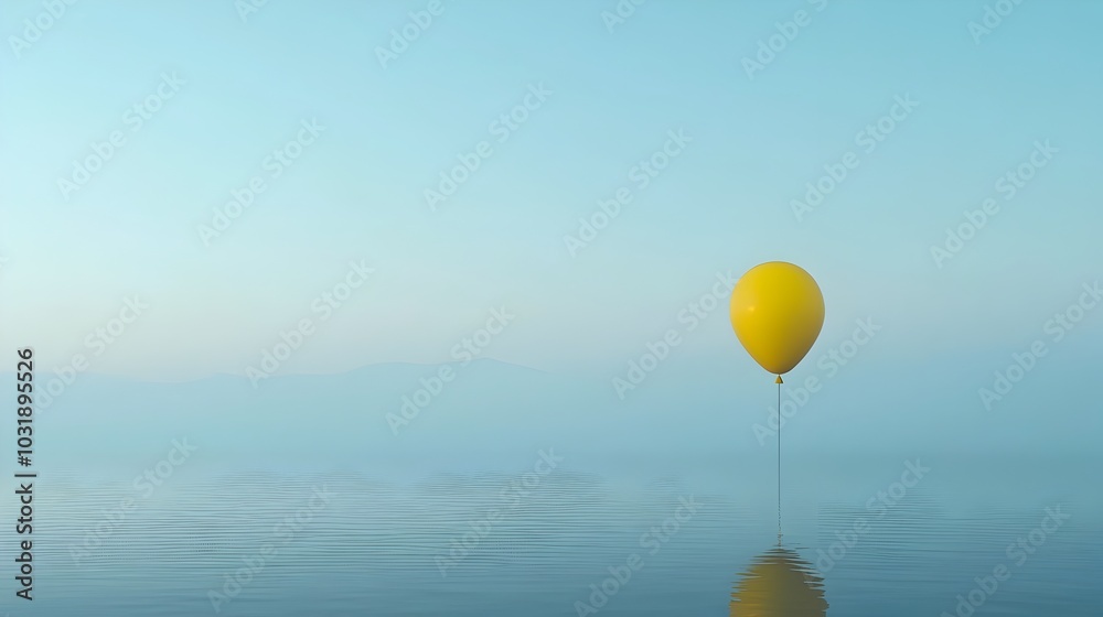 Poster Enchanting scene of colorful floating balloons gently reflected on the calm mirror like surface of a serene lake creating a dreamlike whimsical atmosphere