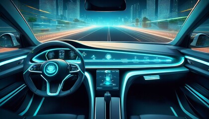 Interior view of a car showcasing the dashboard, steering wheel, and controls, highlighting the driver’s perspective on the road