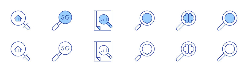 Search icon set in two styles, Duotone and Thin Line style. Editable stroke. search, real estate, 5G, magnifying glass