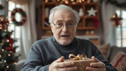 Joyful Elderly Man Holding a Gift During Christmas