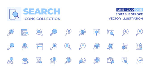 Search icons collection. Line Duotone style, editable stroke. search, advanced search, job search, searching, investigation, car, notes, cv, data analytics