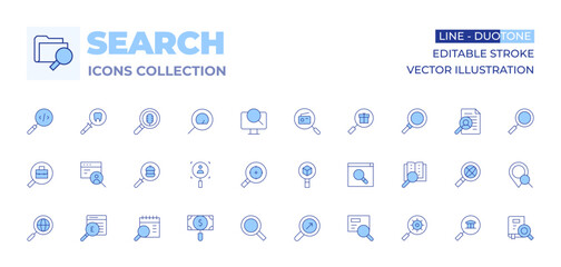 Search icons collection. Line Duotone style, editable stroke. research, search, target, recruiter, searching, computer, magnifying glass, seo, online recruitment, analysis, job search