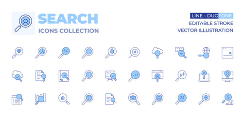 Search icons collection. Line Duotone style, editable stroke. study, search, job search, real estate, searching, checking, preview, 5G, case, magnifying glass
