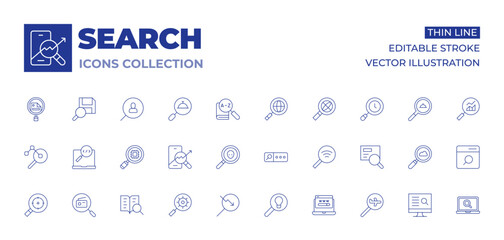 Search icons collection. Thin Line icons, editable stroke. engine, website, research, searching, target, trading, search flight