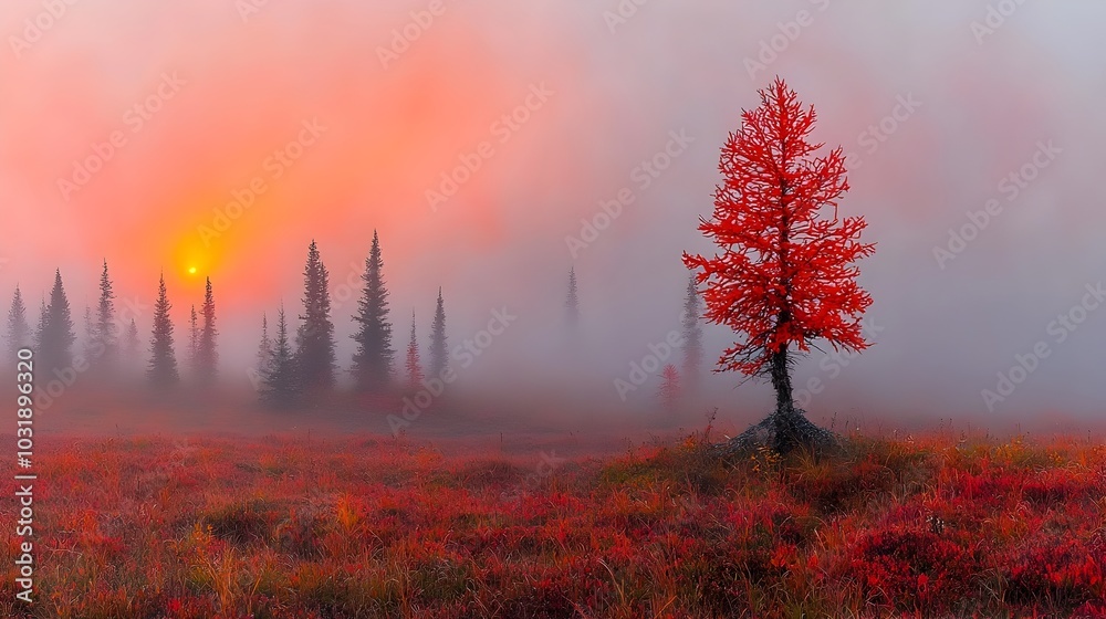 Poster ethereal sunrise beams filtering through a foggy enchanting forest landscape offering a sense of hop