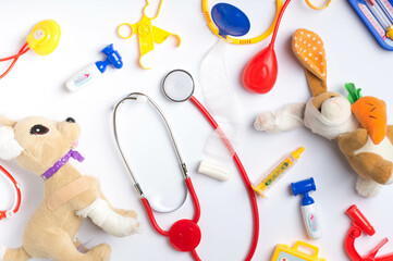 Toy Doctor Set. Medical Kit on White Background. Flat lay,top view.