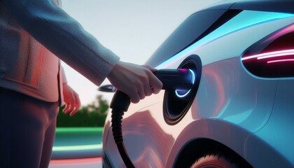 A close-up shot of a person’s hand firmly gripping an electric vehicle (EV) charging cable and plugging it into the charging port of a sleek, modern electric car. 