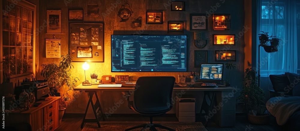 Wall mural cozy home office with a computer desk, a lamp, and a computer screen with code visible.