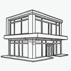 a black and white line drawing of a modern building. The building appears to be a two-story structure with a flat roof and large windows on the second floor