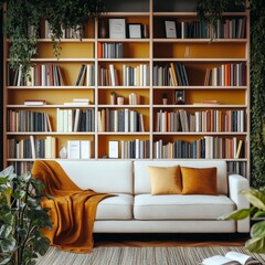 Cozy Living Room Interior with White Sofa, Lots of Books, and Houseplants in Modern Home Design