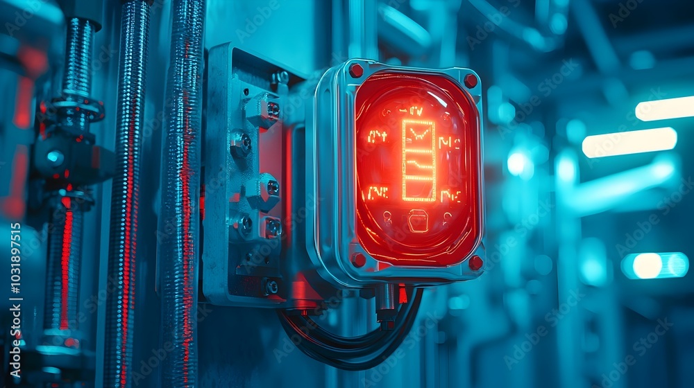 Aufkleber flashing alert siren in industrial security control room with equipment dashboard and monitoring pan
