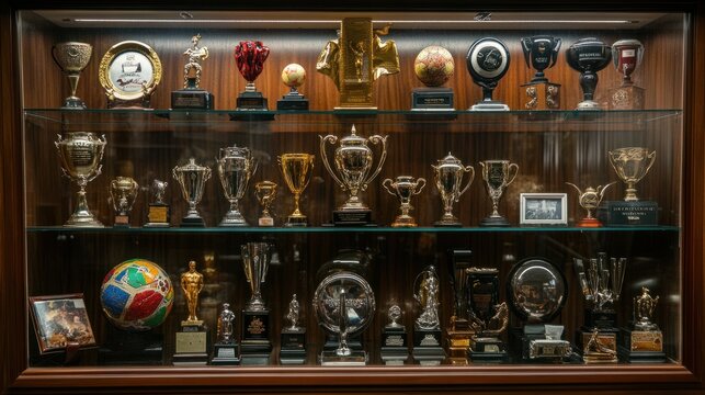 A collection of trophies in a display case, featuring awards from various competitions, showcasing a range of achievements in sports, academics, and arts