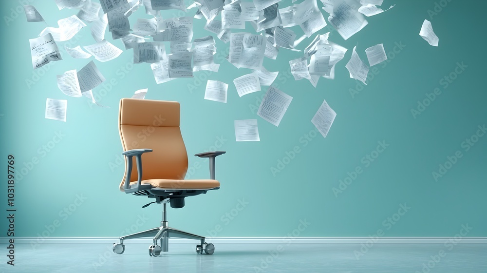 Poster floating documents surrounding empty office chair concept for remote work productivity