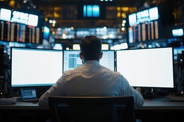 Stock trader analyzing market data on multiple computer screens