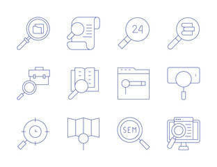Search icons. Thin Line style, editable stroke. searching, search, sem, data searching, job search, search phone