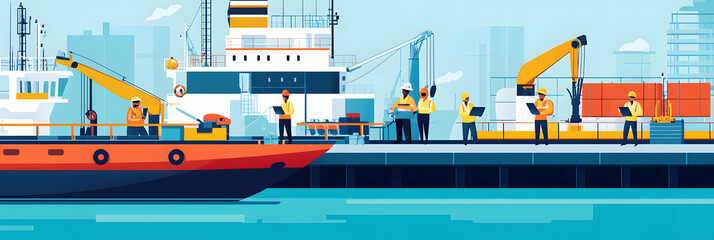 Obraz premium Modern port terminal illustration showcasing logistics, cargo handling, and teamwork among workers with cranes, ships, and containers, ideal for logistics, transport, and shipping themes