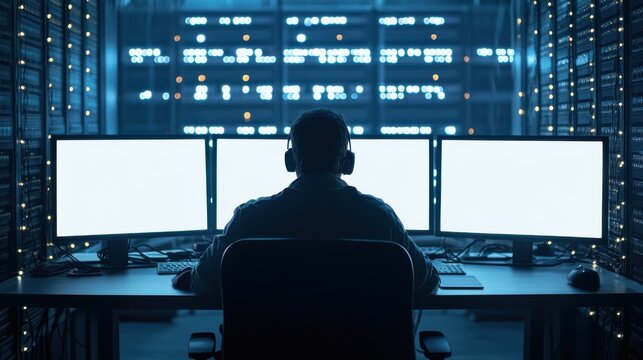 Technician working at computer monitors in server room