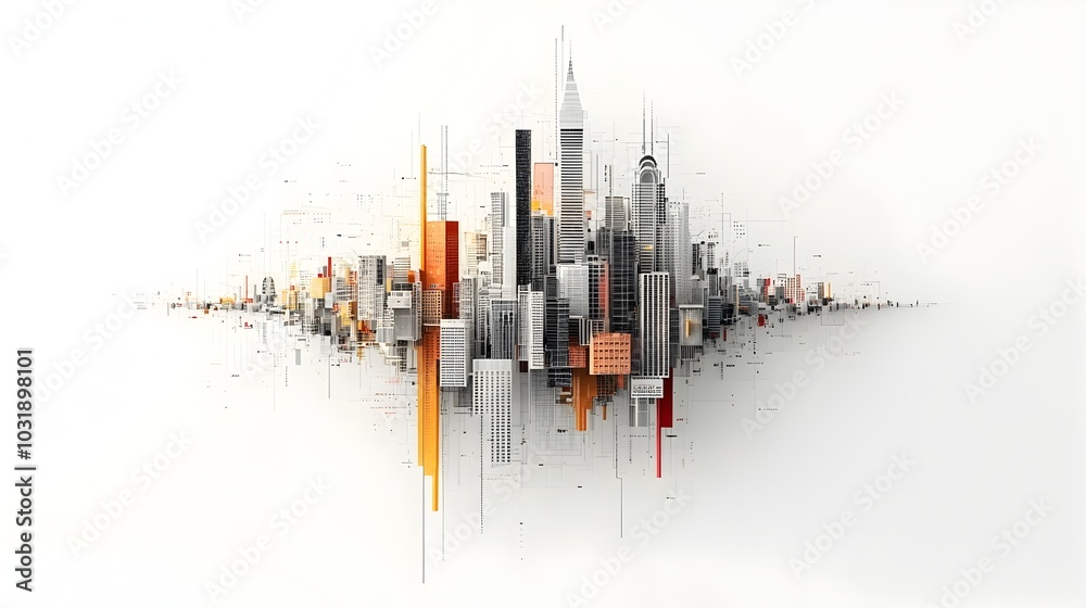 Poster Futuristic abstract city skyline made of bar graphs and data visualizations symbolizing business growth financial analytics and economic development