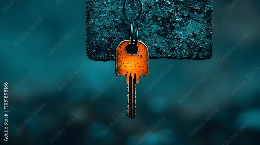 Aufkleber Glowing Key on a Dark Surface Symbolizing the Key to Hope Potential and Opportunity  A Conceptual Representation of Unlocking Breakthrough Insights and Innovative Solutions