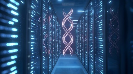 Futuristic Data Center with Glowing DNA Strands Suspended in High Tech Environment