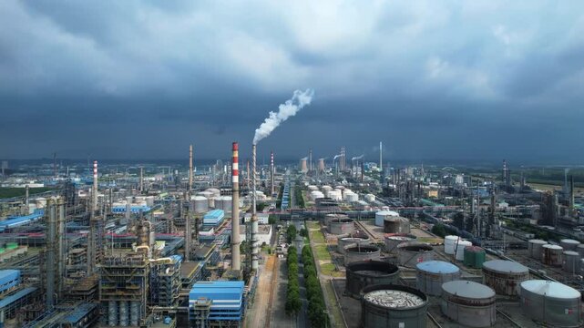 View Environment generation factory power plant chimneys landscape, industrial area. a smoking chimney. Old large thermal power plant. The production of electricity from coal pollutes the air.
