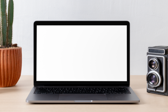 Laptop transparent png screen mockup, minimal workspace with film cameras - Powered by Adobe
