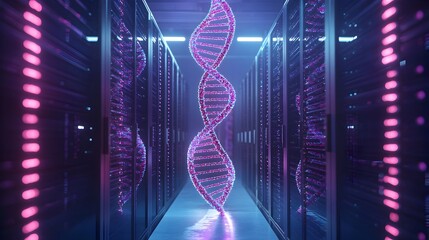 Futuristic Data Center with Glowing DNA Strands in Clean High Tech Environment