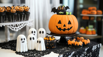 Halloween cakes decorated with black and white ghosts and large pumpkin on table with black lace cloth