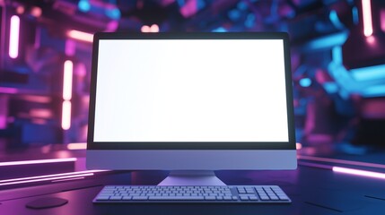 Modern computer monitor mockup on futuristic backdrop. Gaming pc display in virtual reality template advertising image. Digital screen mock up on desk product photorealistic