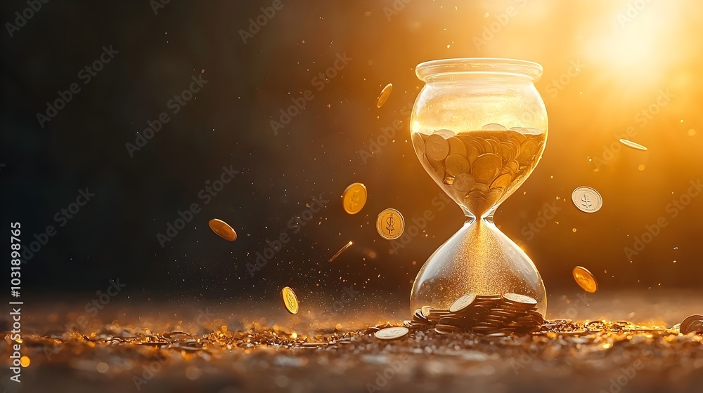 Poster hourglass filled with cascading gold coins instead of sand representing the concept of time as a val