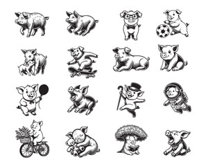 Obraz premium Collection of Pig Outline Design - Piggy Vector illustration in black and white 