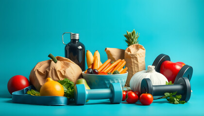 Invest in your health , Healthy lifestyle concept with diet and fitness , Get fit in  , fitness equipment and healthy food isolated with white highlights, png