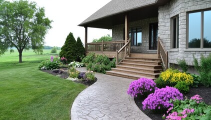 Obraz premium Beautiful Home with Stone Accents and Wooden Porch in Front Yard