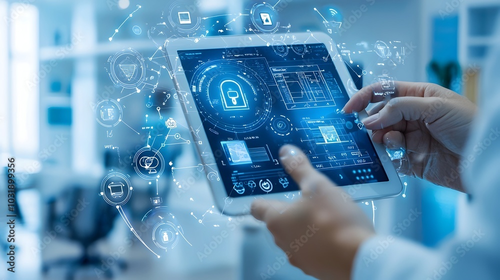 Leinwandbilder Innovative IoT security sensors monitoring and controlling access points in a modern efficient smart office setting to enhance data protection