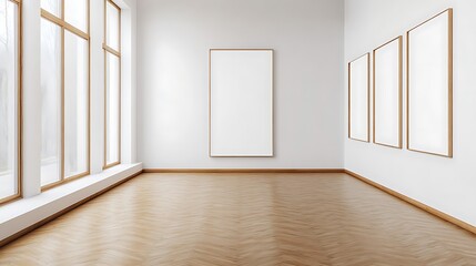 Empty Gallery with Wooden Floor and Large Windows