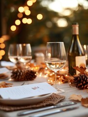 Elegant autumn dinner setting with wine and warm ambiance