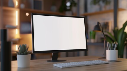Fototapeta premium Powerful pc monitor mockup in evening office. Home workplace equipped with modern computer template advertising image. Electronics with screen mock up product photorealistic