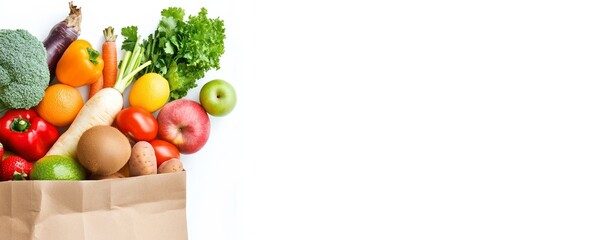 Paper bag filled with fresh fruits, vegetables, and healthy foods against a white background, perfect for promoting a healthy lifestyle and organic products.