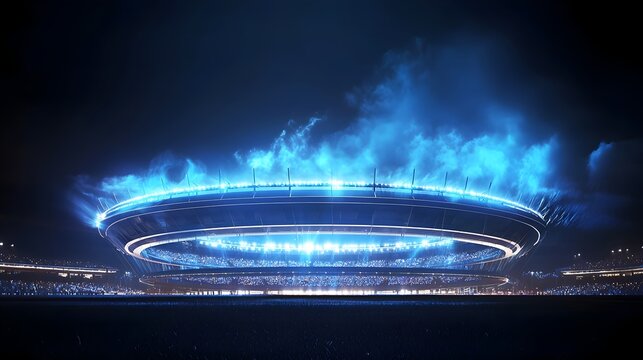 Futuristic Sports Stadium Harnessing Energy from Crowds and Players to Power Lights and Screens