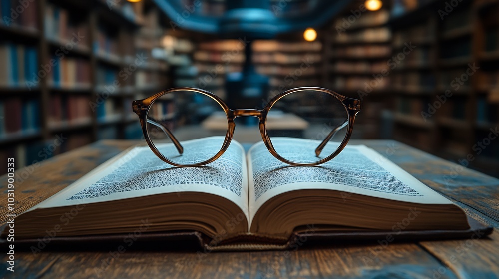 Poster closeup view of an open textbook with a pair of reading glasses placed beside it set on a rustic woo
