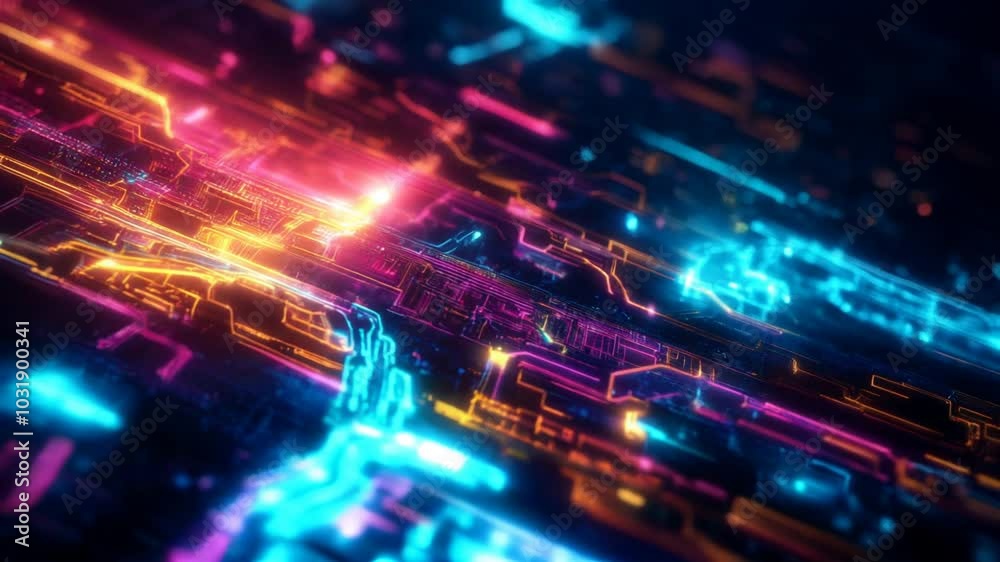 Poster abstract technological and futuristic background with data transmission lines that flow through comm