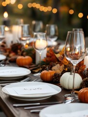Elegant autumn dinner setting with candles and seasonal decor
