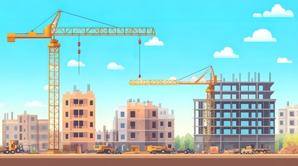 Construction site with cranes building new flats on sunny day