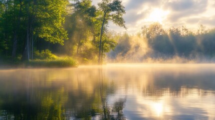 Peaceful Morning Reflection in the Forest Lake