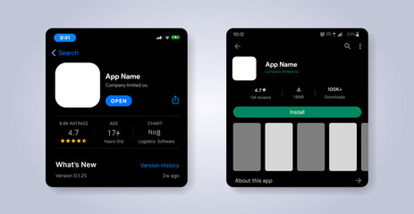 Play market interface. App listing template. Store for mobile application mock-up. Apps page profile with rating screen. Games play list market. Vector illustration.